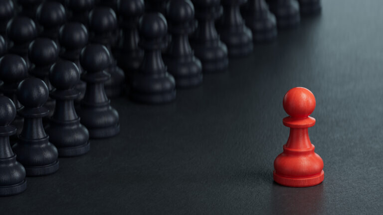3D illustration of a conceptual team in a raw with job position to be filled by a talent. Many pawns over black background and an arrow pointing a RED circle