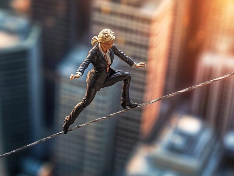 toy figurine walking a tightrope above a city, representing the fear of loss of job