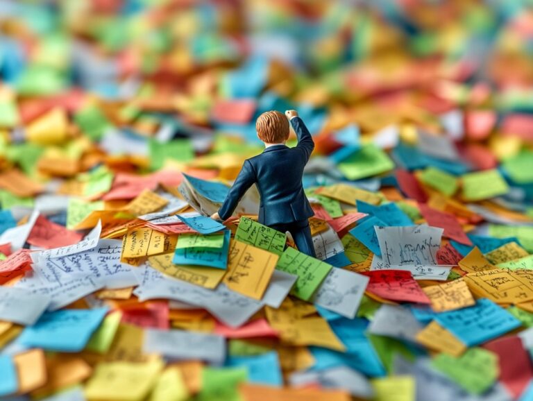 Business man fighting through post-it notes