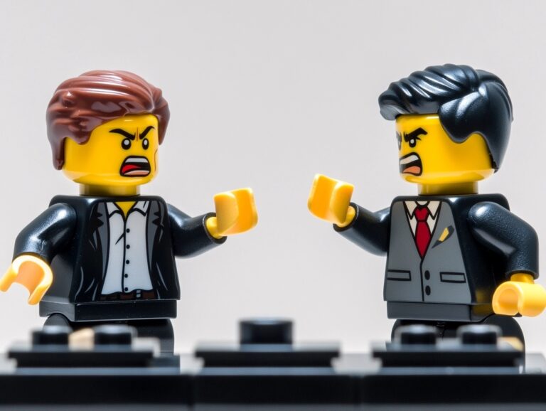 Two lego business people angry at one another