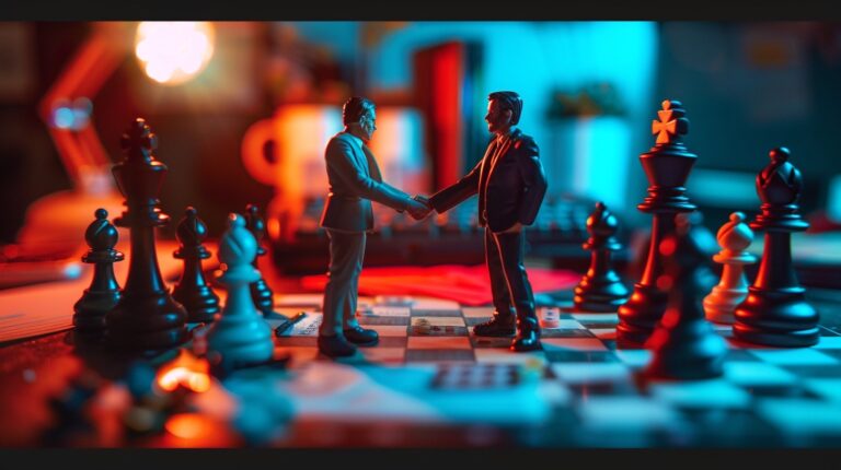 Two coworkers as toys on a chessboard