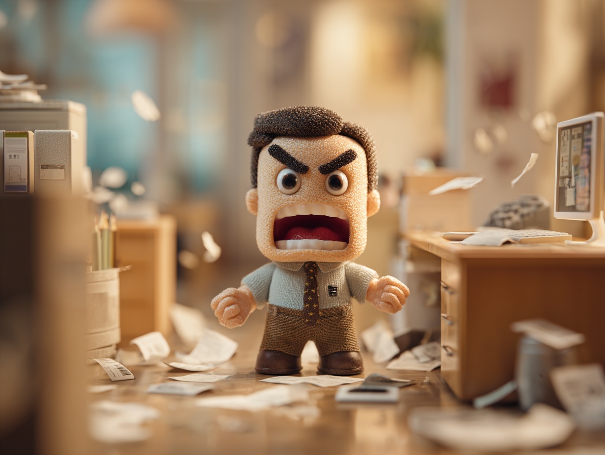 Angry toy at work about to explode on a coworker